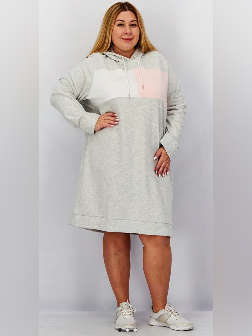 Tommy Hilfiger | Light Gray | Hooded Sweatshirt Dress with Pink & White